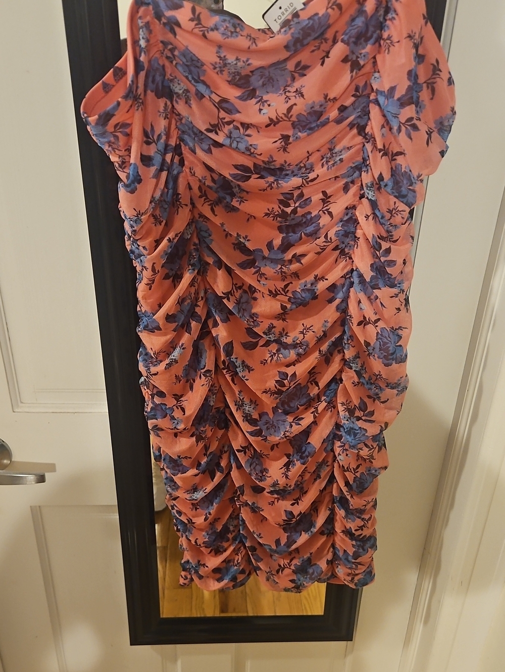 Floral Ruched Pink Dress with Blue Flowers
